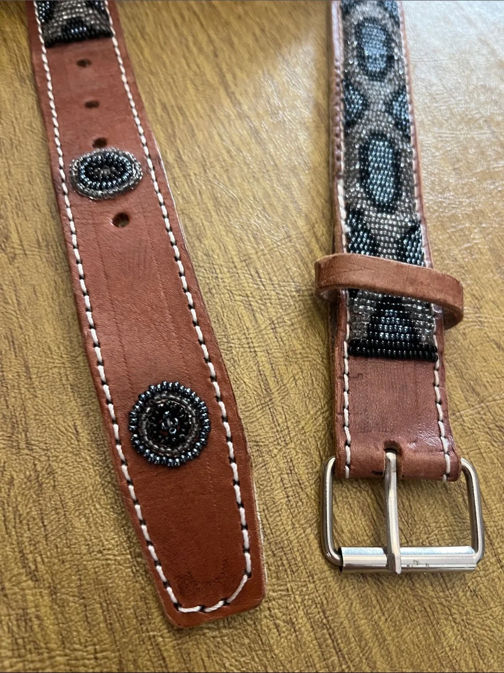 Artisan Crafted Brown Leather Belt with Stunning Solid Beaded Design